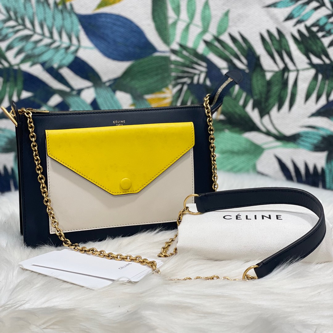 Authentic CELINE Tri Color Smooth Calfskin Chain Sling Bag Luxury