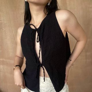 Black tied up sleeveless top/cover up top