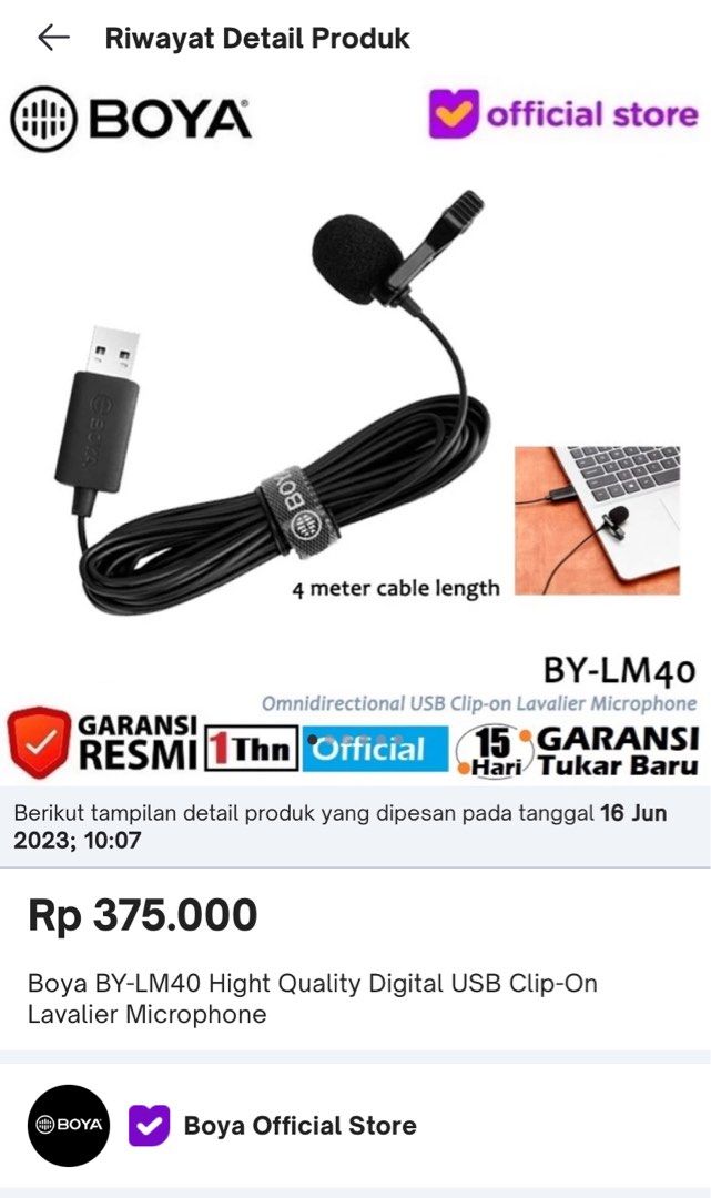 Micrófono Lavalier USB Boya BY-LM40 con Cable 4 Mts –