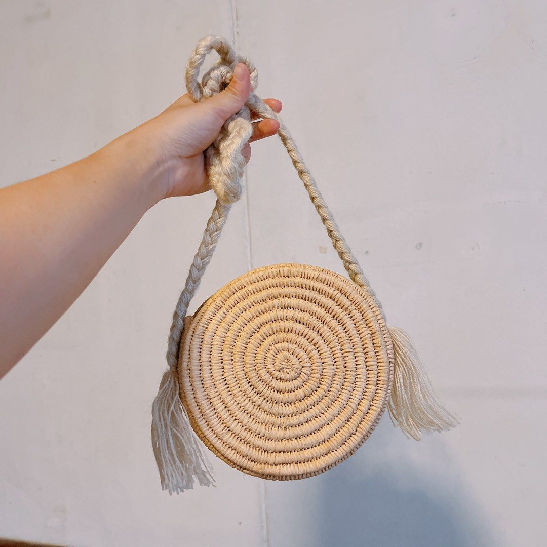 Circle woven pom pom sling bag Women s Fashion Bags Wallets
