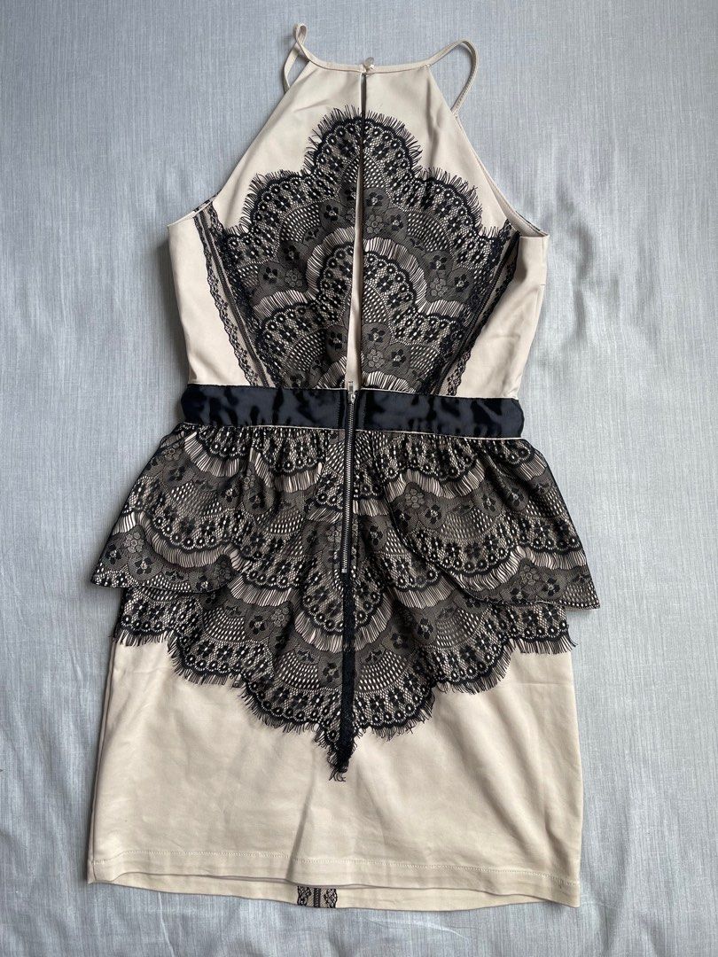 Beige dress with black lace overlay discount