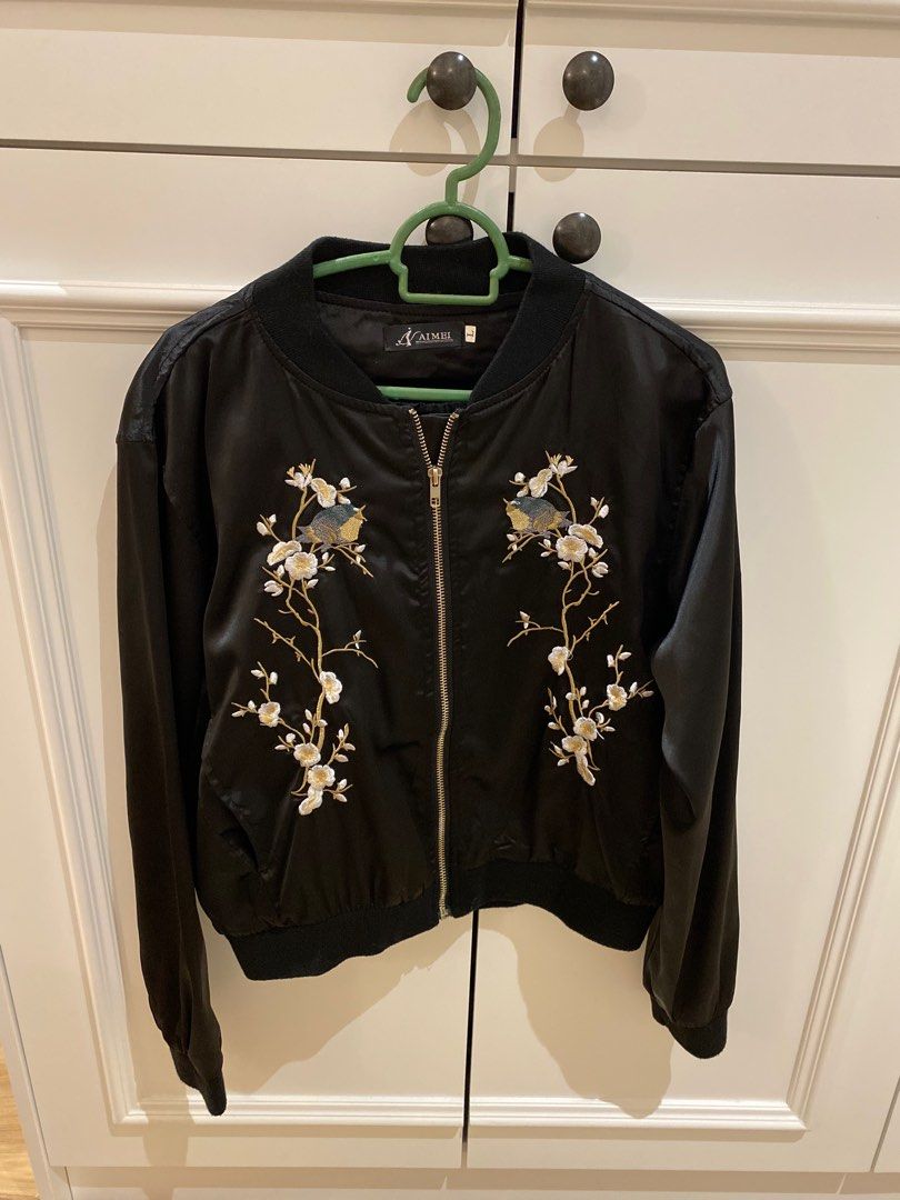 Embroidered Floral satin bomber jacket Women s Fashion Coats Jackets and Outerwear on Carousell