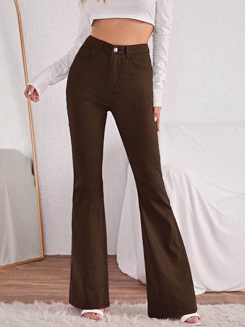 High Waisted Brown Flare Pants, Women's Fashion, Bottoms, Jeans on Carousell