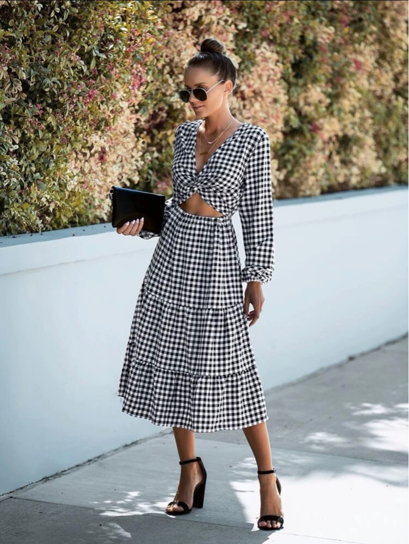 Gingham cut out long sleeve dress