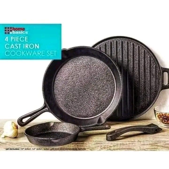 HOME BASICS 4PIECE CAST IRON COOKWARE SET (Category: Cookers) located in Manila. Submitted by bongsy999mall (Listing ID 1279423221, Image 1). Description: RESELLER:1300php :HOME BASICS 4PIECE CAST IRON COOKWARE SET ✔️Authenctic! 𝐏𝐑𝐎𝐃𝐔𝐂𝐓 𝐃𝐄𝐒𝐂𝐑𝐈𝐏𝐓𝐈𝐎𝐍: Made of Durable Cast Iron Pre-seasoned Interior and Exterior with Rapeseed Oil which is a Good Source of Antioxidant Vitamin E Can use in High Temperatures as Cast Iron is Highly Hea