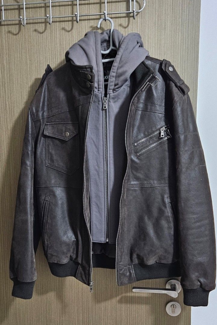 FLAVOR Men's Real Leather Jacket Removable Hoodie Brown Genuine Suede  Pigskin (Small, Black+Gray) : Amazon.ca: Clothing, Shoes & Accessories
