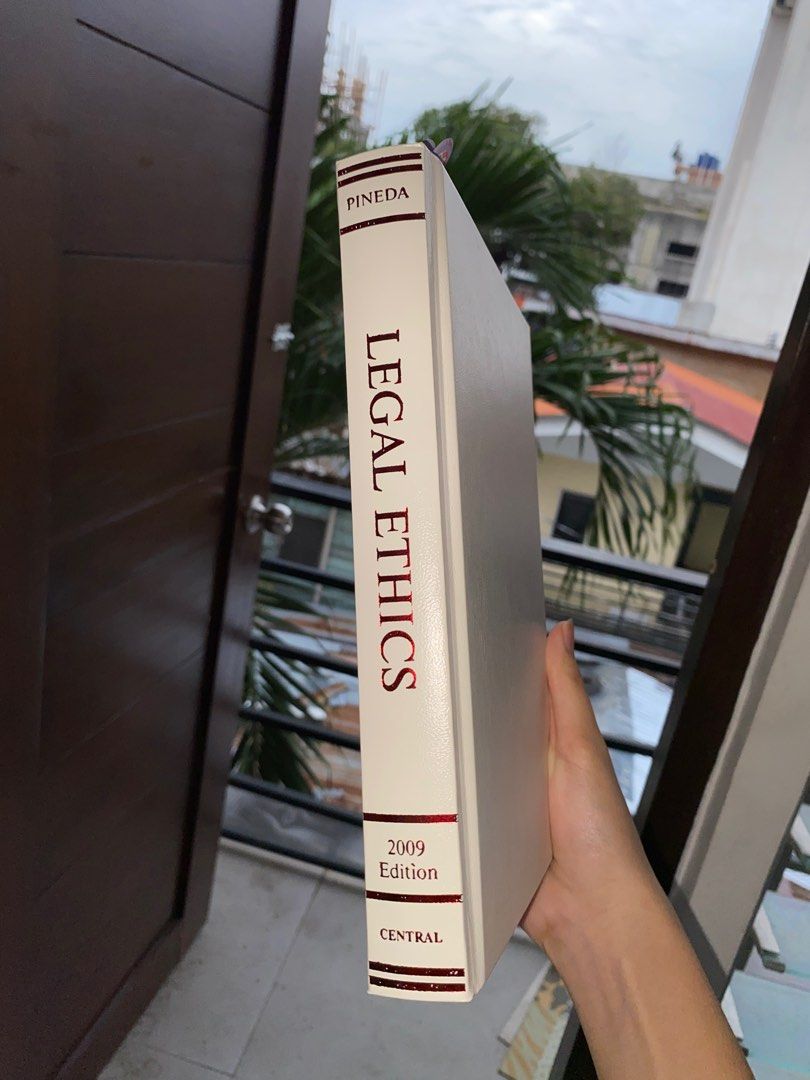 Legal Ethics by Pineda (Category: Textbooks) located in Cebu City. Submitted by evilbibble (Listing ID 1279336748, Image 1). Description: Bought for 1650, selling for only 1500. Price is highly negotiable. You may do so by making an offer below. In pristine condition - only one or two highlighted phrases. Rfs: The CPRA was amended. P.S: Still very useful as reference, but the provisions and cases are not arranged by values as in the amended code.