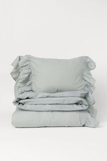 New Authentic H&M Home Flounce Trimmed Cotton Linen King Size Duvet Cover Set w/ 2 Pillow Cases