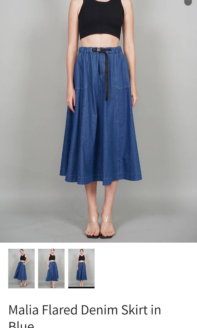 NEW Malia Flared Denim Skirt in Blue with buckle clip belt BNWT