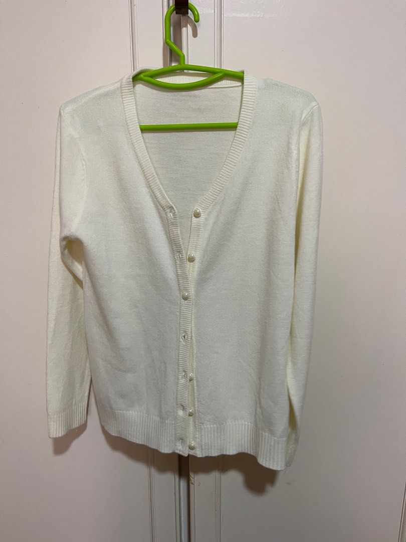 Off White Knitted Cardigan with Pearl Buttons Women s Fashion