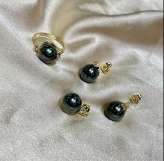 Real Southsea Pearl Set Black Size 10mm