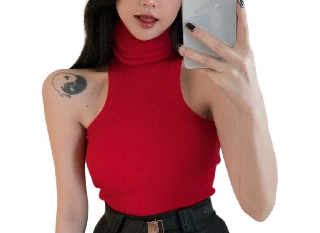 Red Knitted Turtleneck Top sleeveless Women s Fashion Tops