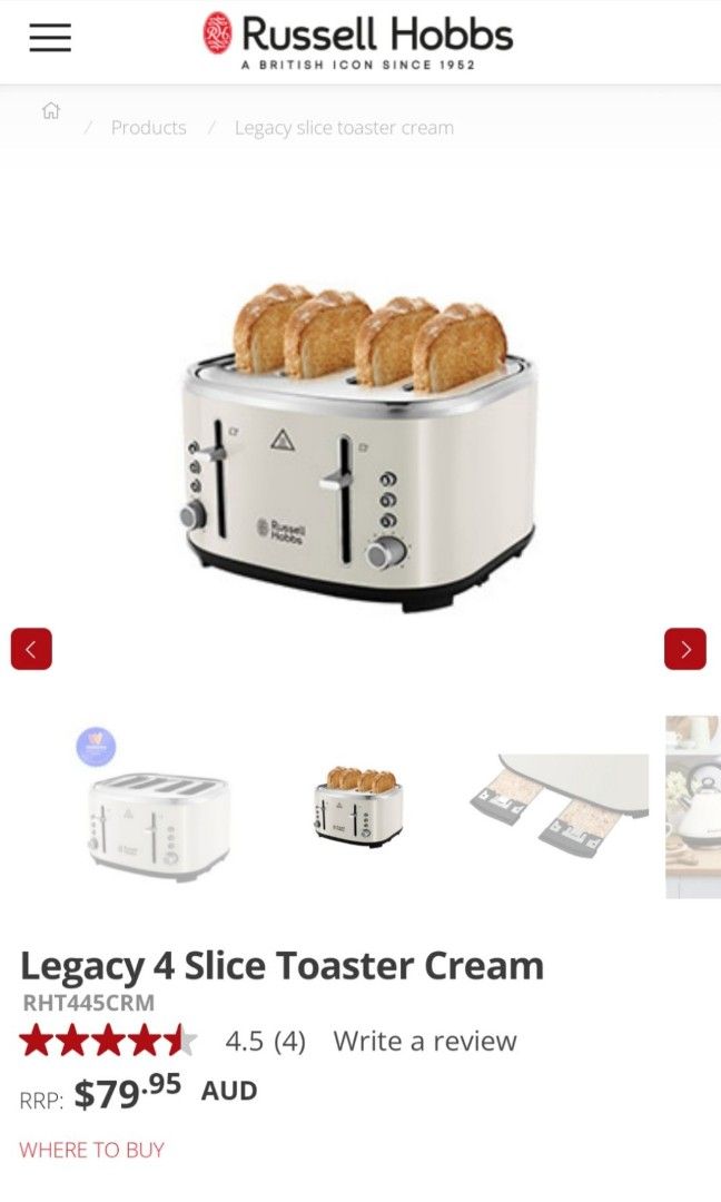 Russell Hobbs Legacy Toaster (Category: Ovens & Toasters) located in Quezon City. Submitted by kshmixnmatch (Listing ID 1279275297, Image 3). Description: Color: Cream * 4 slice slot * Removable crumb tray * Defrost function * Variable browning control.