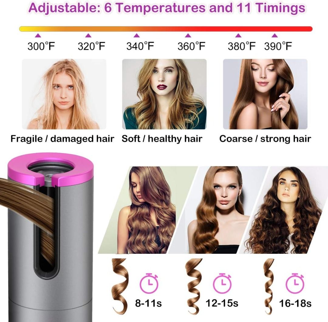 SALE Cordless Hair Curler Automatic Curling Iron with 6 Adjustable Temperature Auto Rotating Ceramic Barrel Hair Curler Fast Heating Portable USB Rechargeable Beach Waves Curling Iron Wand Beauty Pers...