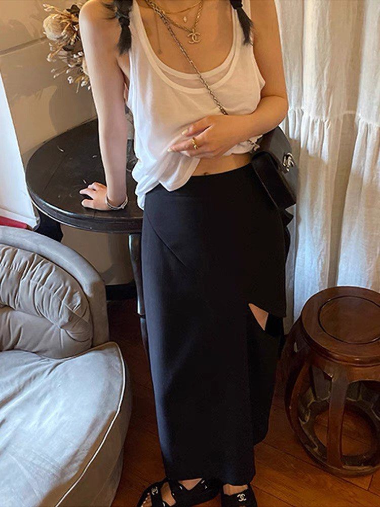 Sexy Elegant Black Designer Midi Cut Off Skirt Women s Fashion