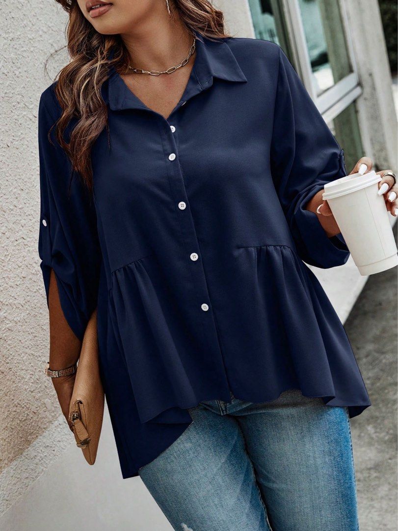 SHEIN Frenchy Plus Roll Tab Sleeve Blouse