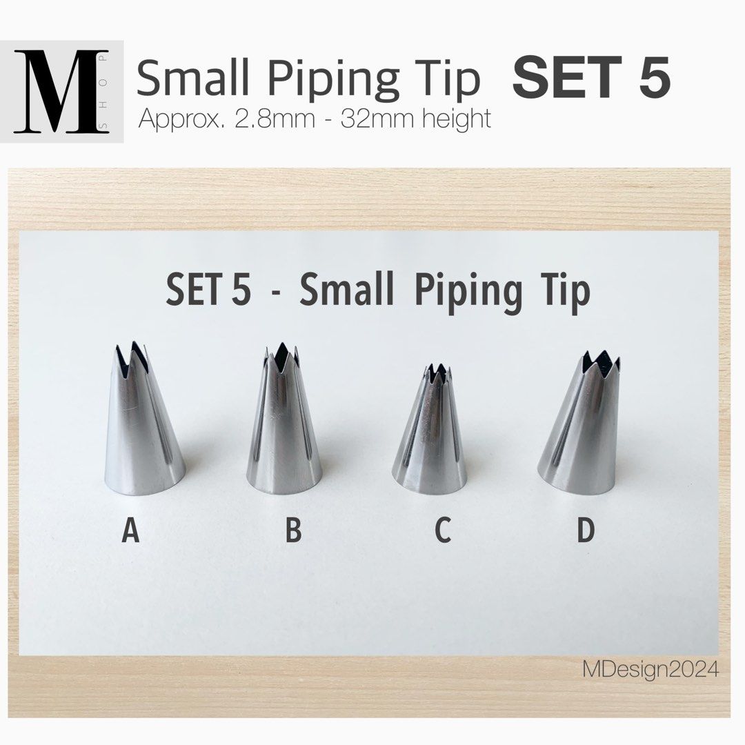 Small Piping Tip Set 5 (Category: Bakeware) located in Manila. Submitted by mshopmla (Listing ID 1279327242, Image 1). Description: Small Piping Tip Set 5 Approx 2.8mm-32mm Height Product Code: SPT5-A,B,C,D,E,F Price: Php 20.00 each.