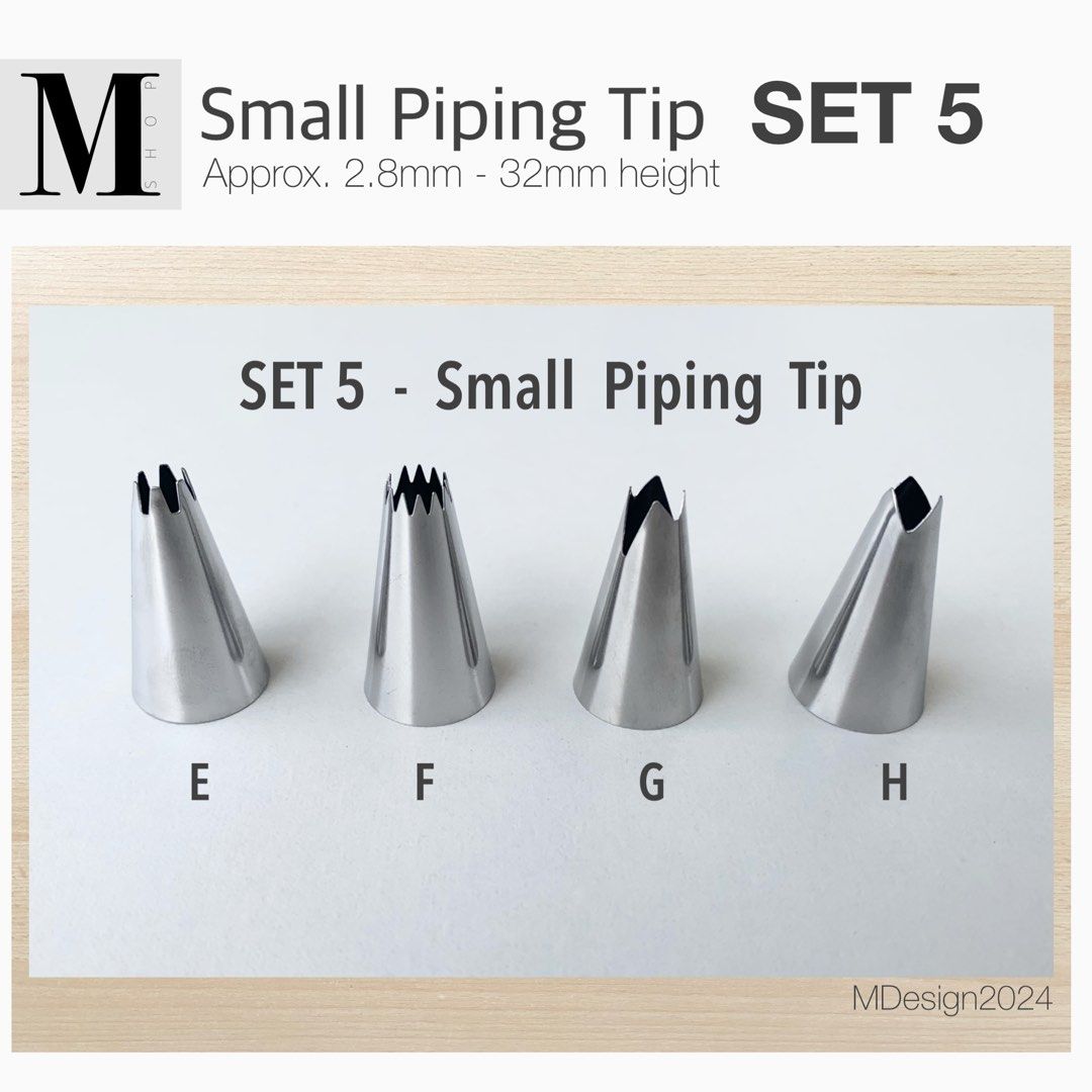 Small Piping Tip Set 5 (Category: Bakeware) located in Manila. Submitted by mshopmla (Listing ID 1279327242, Image 2). Description: Small Piping Tip Set 5 Approx 2.8mm-32mm Height Product Code: SPT5-A,B,C,D,E,F Price: Php 20.00 each.