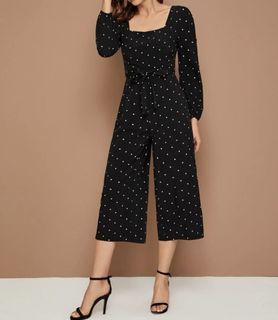 Square neck polka dot belted cullote jumpsuit