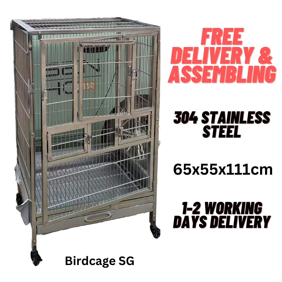 Image showcasing Stainless Steel Bird Cage Assembled Parrot Cage with Trolley for Small ...