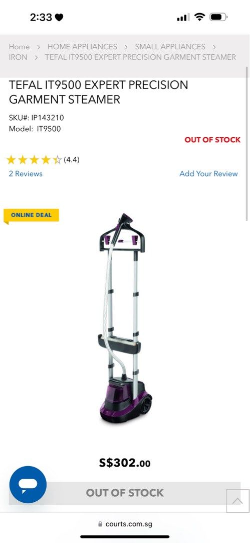 Tefal garment steamer it9500 on sale