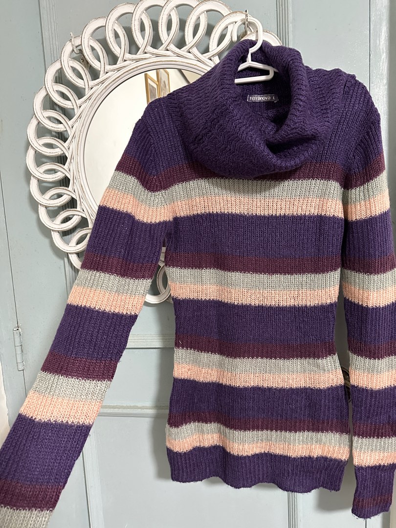 Striped Flared Sleeve Sweater with High Neck - Purple main image 1