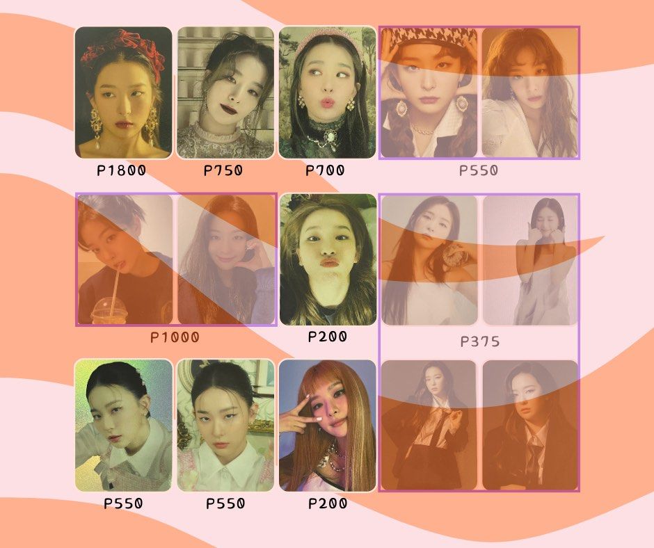 UPDATED ! RED VELVET Seulgi Photocards (Category: K-Wave Merchandise) located in Manila. Submitted by chaeri_____ (Listing ID 1264917022, Image 1). Description: — mint condition — prices on pic — slightly nego.