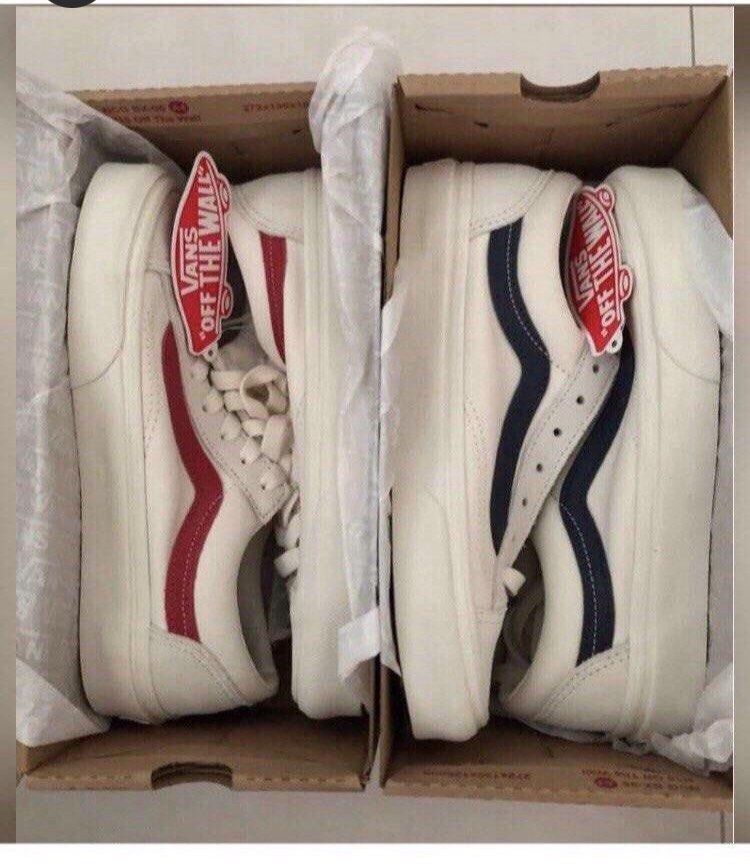 White blue red store vans