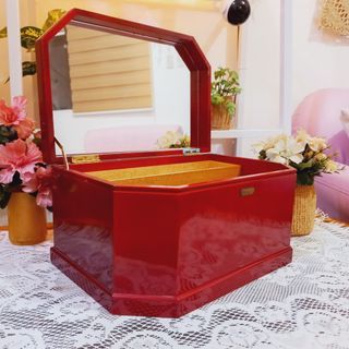 Vintage red lacquered wood jewelry box makeup box organizer keepsake box