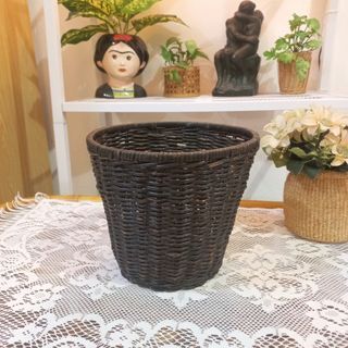 Vintage rustic black wicker basket planter flower pot