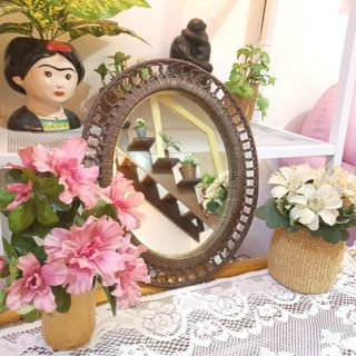 Vintage small rattan oval mirror wall mount