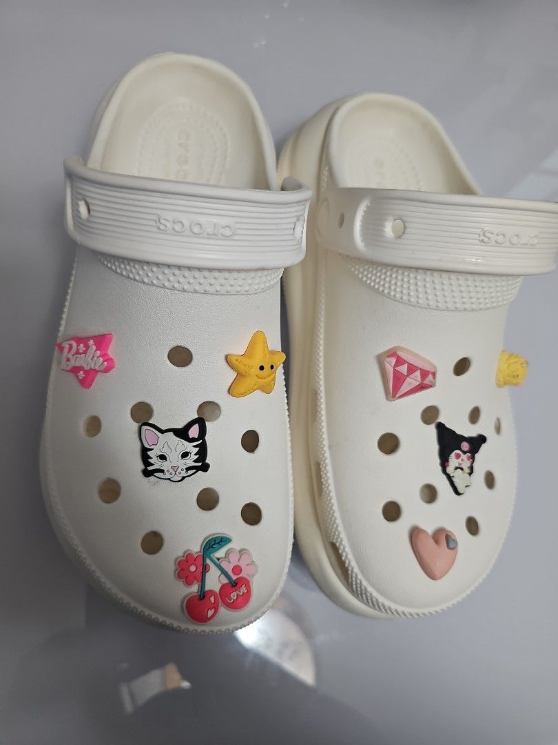 White Clog Crocs with Jibbitz Women s Fashion Footwear Sandals