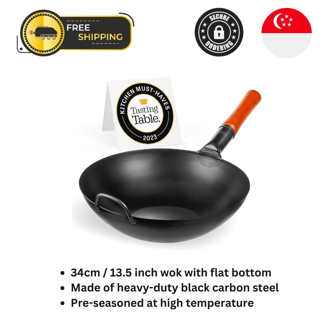 YOSUKATA Carbon Steel Wok Pan – 13,5 “ Stir Fry Pans - Chinese Wok with  Flat Bottom Pow Wok - Traditional Japanese Woks - Black Carbon Steel