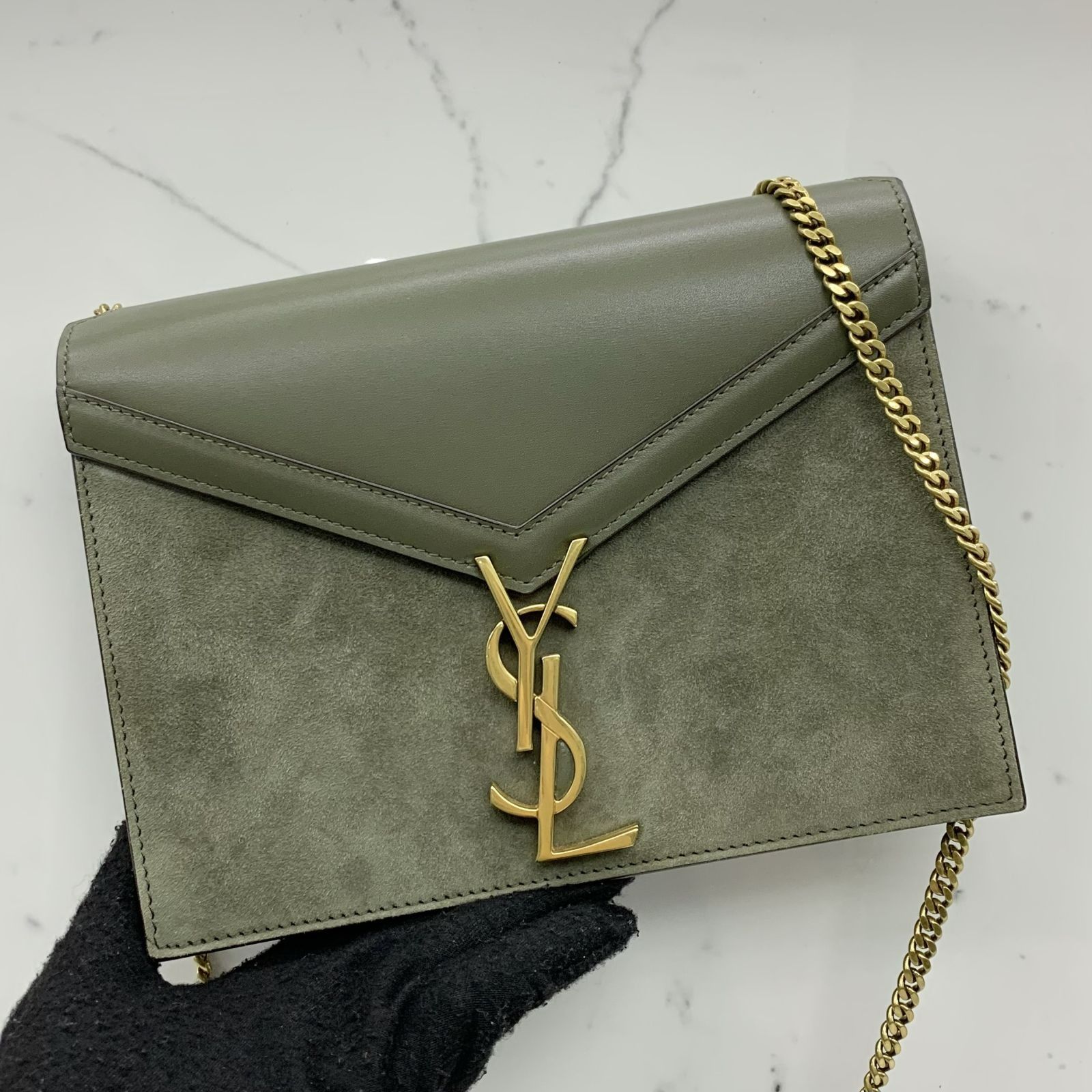 YVES SAINT LAURENT 532715 OLIVE LEATHER CASSANDRA SUEDE CHAIN