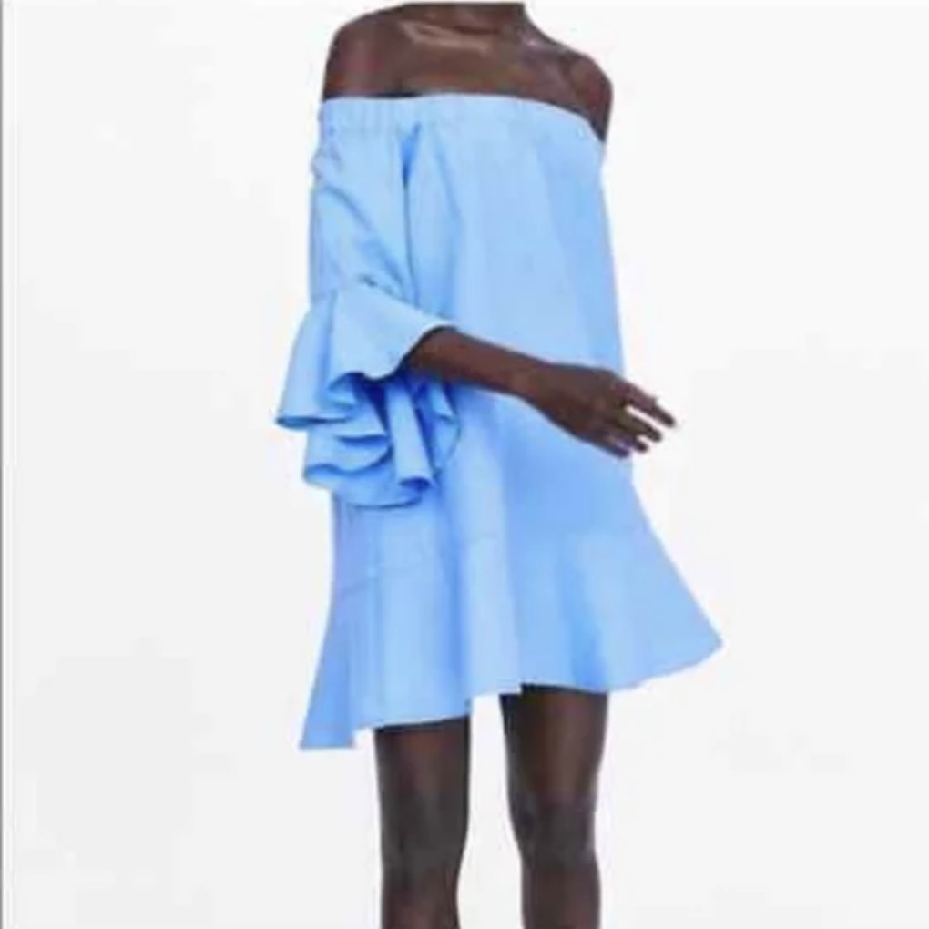 zara blue off shoulder dress Zara + Off-the-shoulder Dress