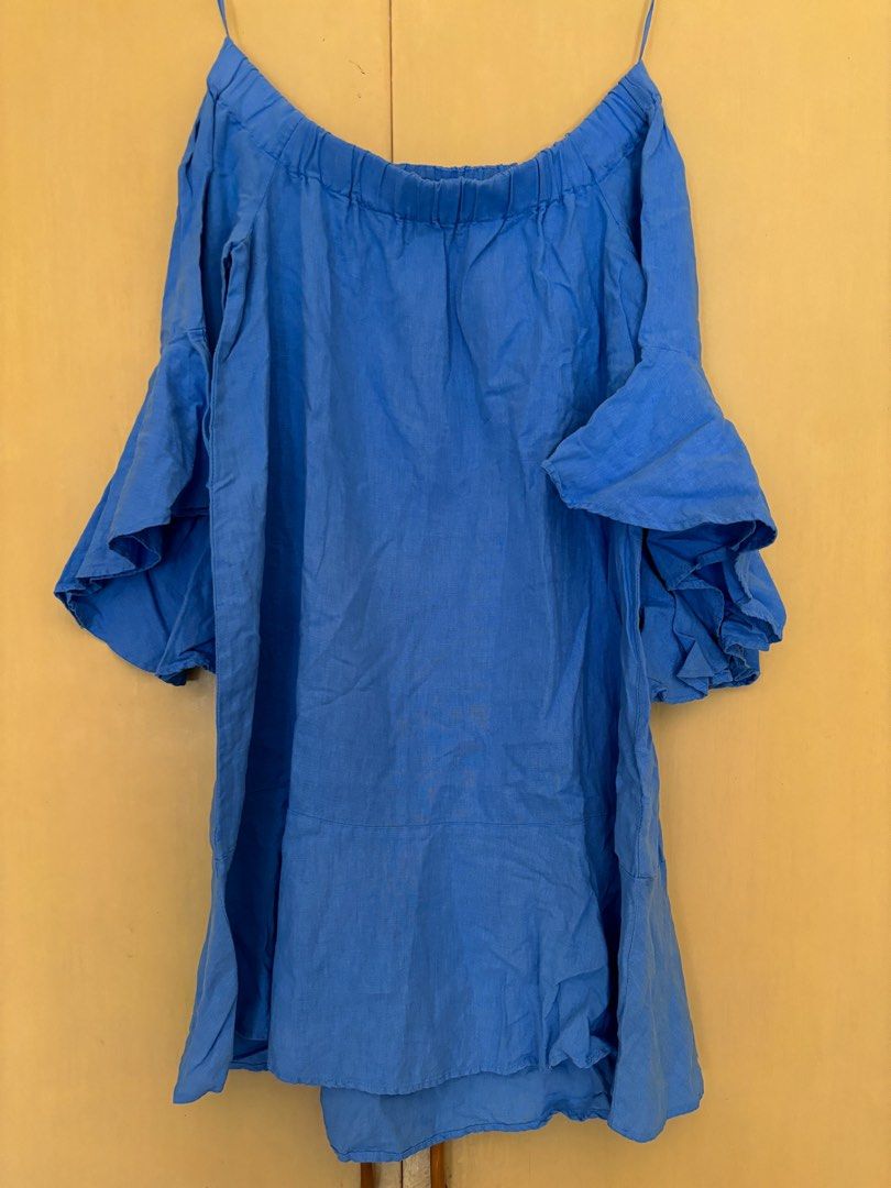 blue off shoulder dress zara Zara Chambray Blue Denim Ruffle Off The Shoulder Dress With Pockets Size XS