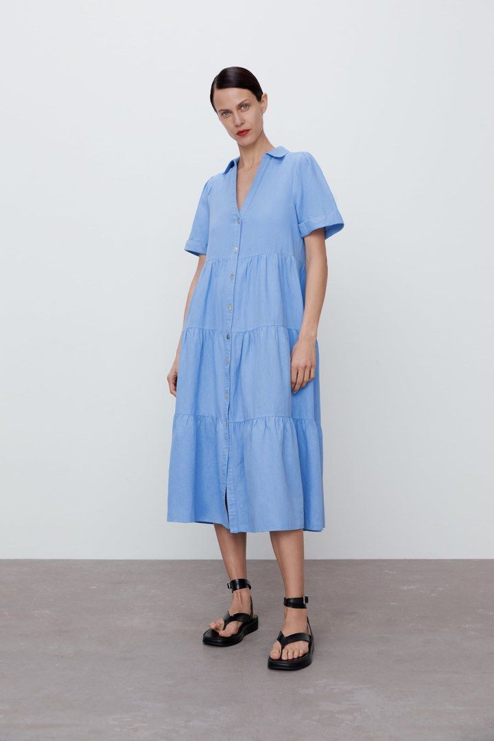 ZARA Powder Blue Tiered Long Dress, Women's Fashion, Dresses & Sets, Dresses  on Carousell