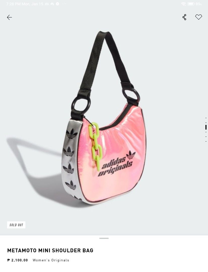 Adidas Metamoto Mini Shoulder Bag (Category: Shoulder Bags) located in Quezon City. Submitted by m_here (Listing ID 1279610052, Image 2). Description: Authentic Adidas Metamoto Mini Shoulder Bag Brand new. Lucid Pink Color RFS: Excess purchase/Gifts.