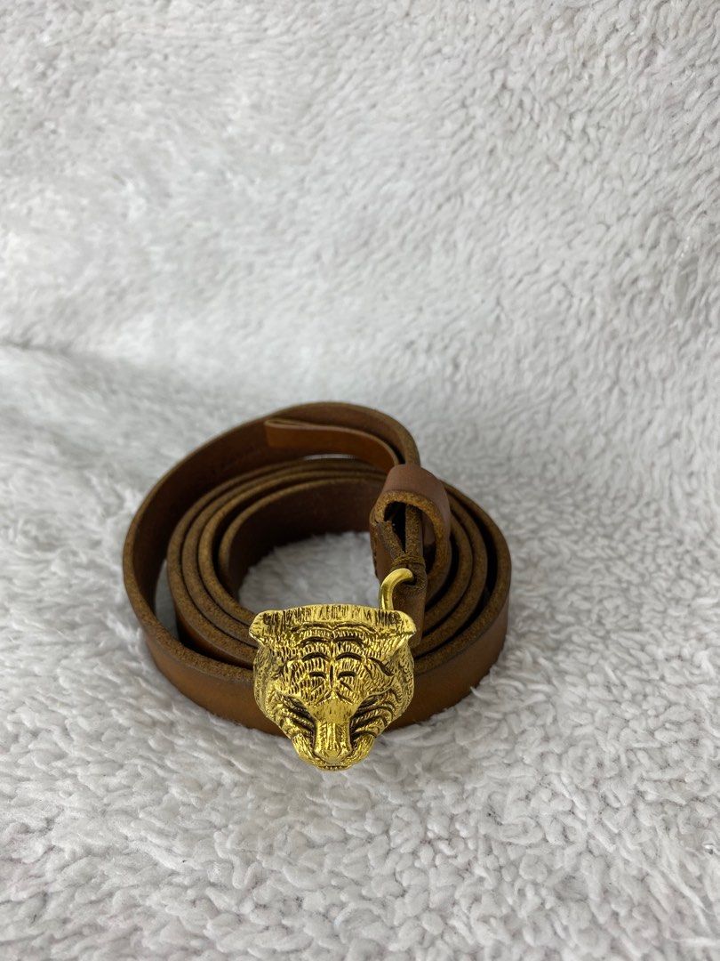 Authentic Gucci Tiger Head Ferline Thin Brown Leather Belt