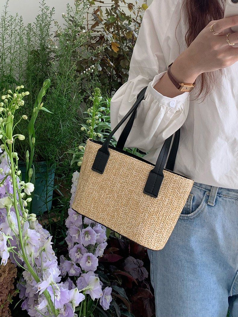 Straw handbag crossbody bag with black straps Women s Fashion