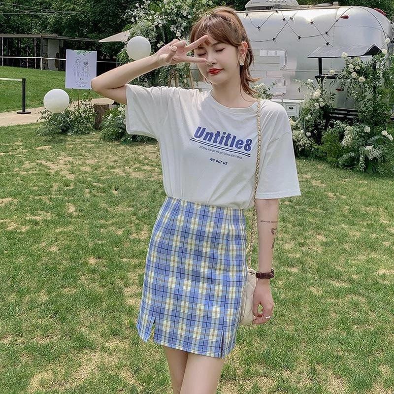 Blue high waist a line plaid skirt Korean style Women s Fashion