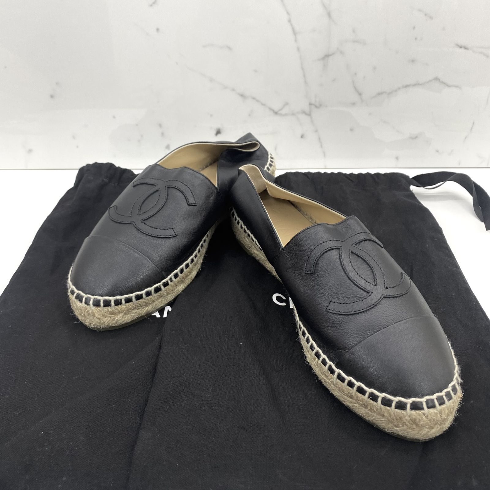 CHANEL G29762 LAMBSKIN BLACK ESPADRILLES SIZE 38 SLIP ON 237047281 WE