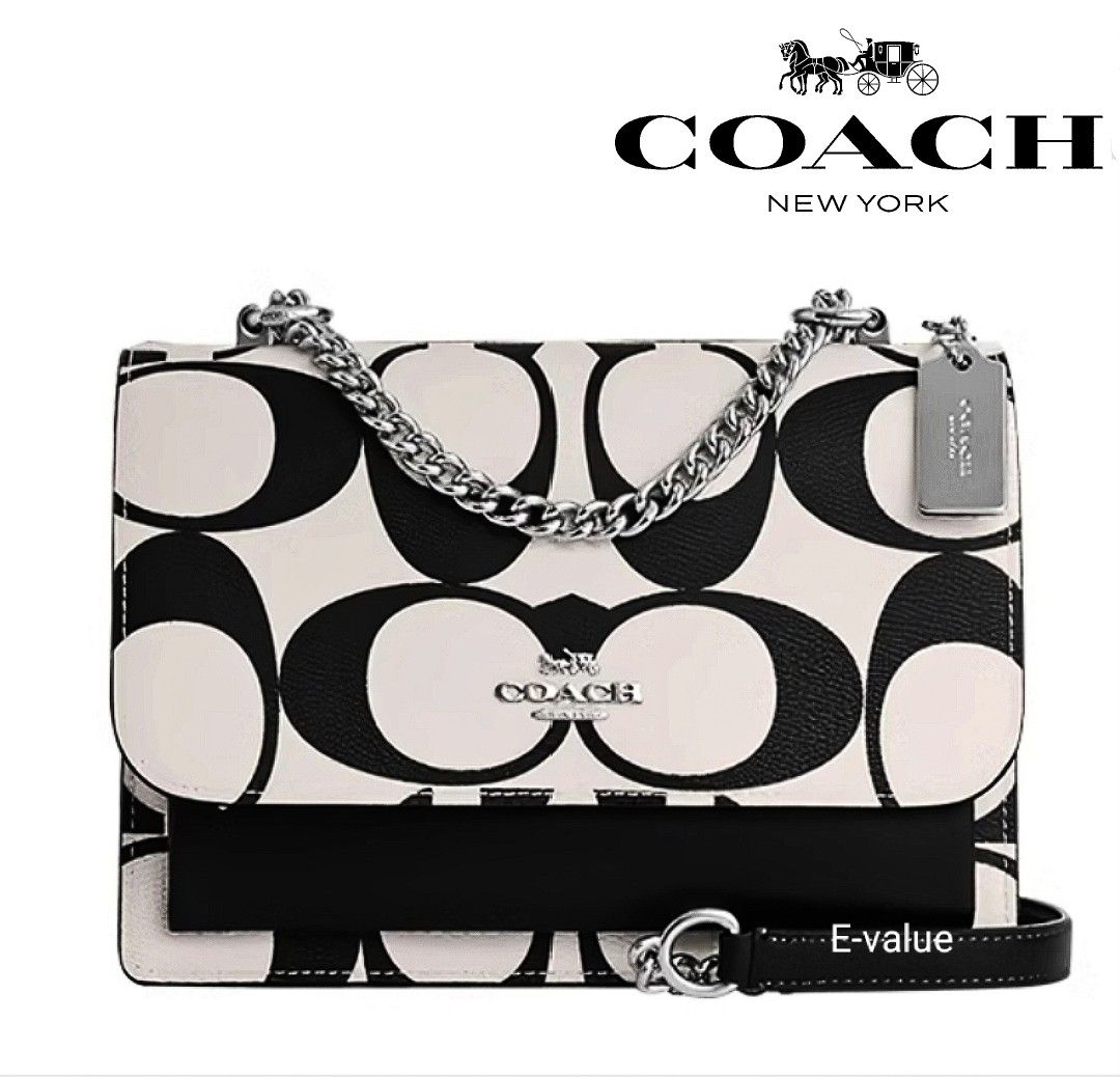 Coach Original White Black Signature C Printed Limited Edition Collection Klare Crossbody Shoulder Silver Chain Sling Bag For Women Come With Complete