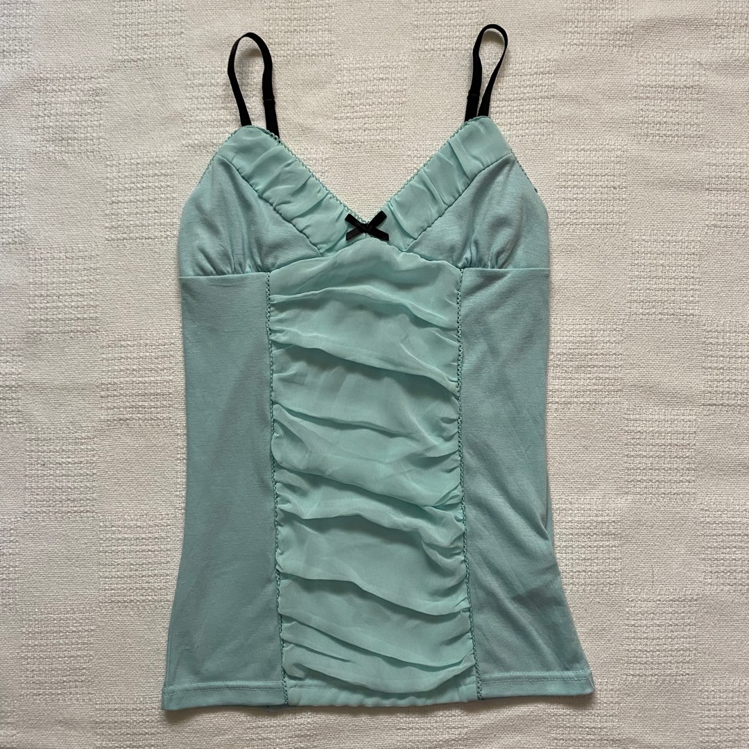 Cyan coquette ruched bow top, Women's Fashion, Tops, Sleeveless on ...