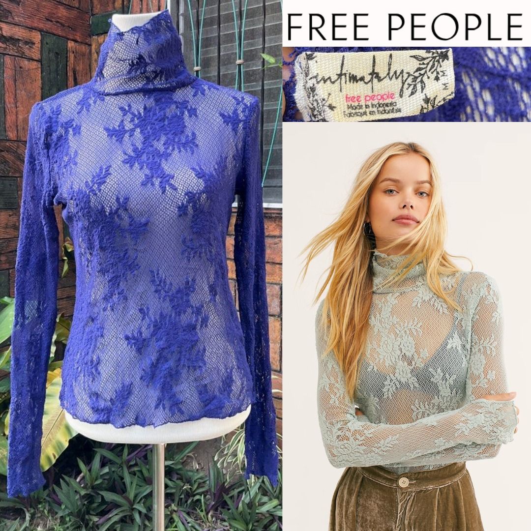 Free People Lace Top Sweet Secret Layering Royal Blue Embroidered Turtleneck Top ntimately free people long sleeve Top US M Women s Fashion Tops Others Tops on Carousell