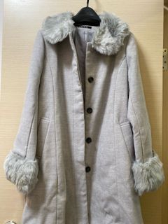 INGNI Light Gray Fuzzy Collar A-Line Button Long Coat64239557300353110