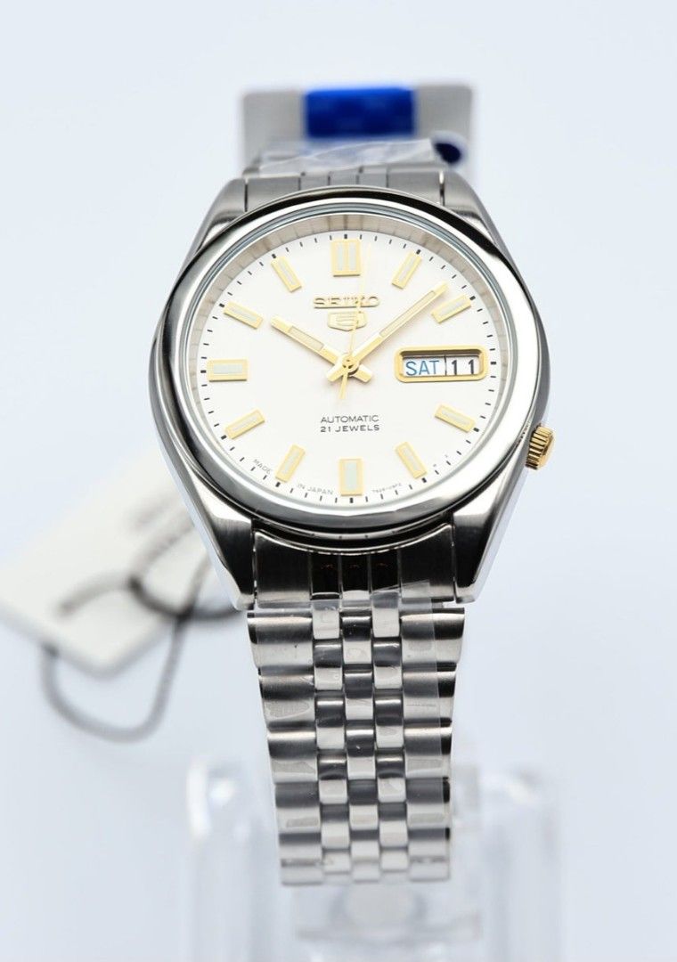 JAPAN MADE Seiko 5 SNKF73 Men s Unisex Automatic White Dial 21 Jewels Jubilee Strap Stainless Steel Watch snkf73 snkf73j snkf73j1 Birthday gift