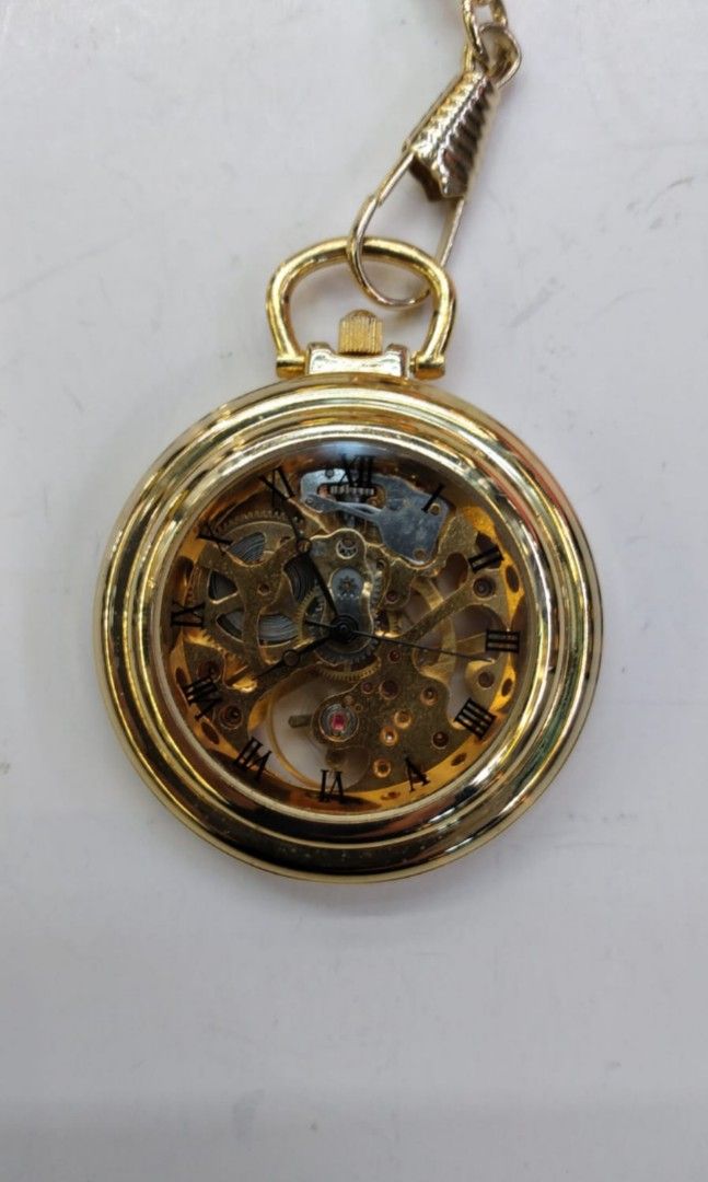 Deluxe Engraved Slim Profile Mechanical Skeleton Gold plated Pocket Watch w Chain