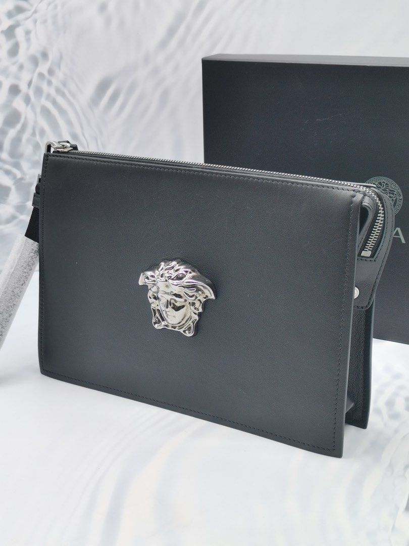 NEW YEAR SALE VERSACE LA MEDUSA SILVER HEAD AND BLACK CALFSKIN LEATHER CLUTCH IN BLACK FULL SET