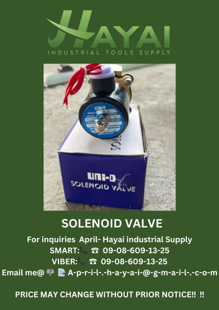 Solenoid valve (Category: Construction Tools & Equipment) located in Caloocan City. Submitted by aprilv96843328 (Listing ID 1279510221, Image 1). Description: Solenoid valve Specs: 1/2" PRICE: 1,200 For inquiries April- Hayai industrial Supply 📞 ☎ 0-9-0-8-6-0-9-1-3-2-5 Email me@ 📫 📑 A-p-r-i-l-.-h-a-y-a-i-@-g-m-a-i-l-.-c-o-m PRICE MAY CHANGE WITHOUT PRIOR NOTICE‼️ ‼️ .